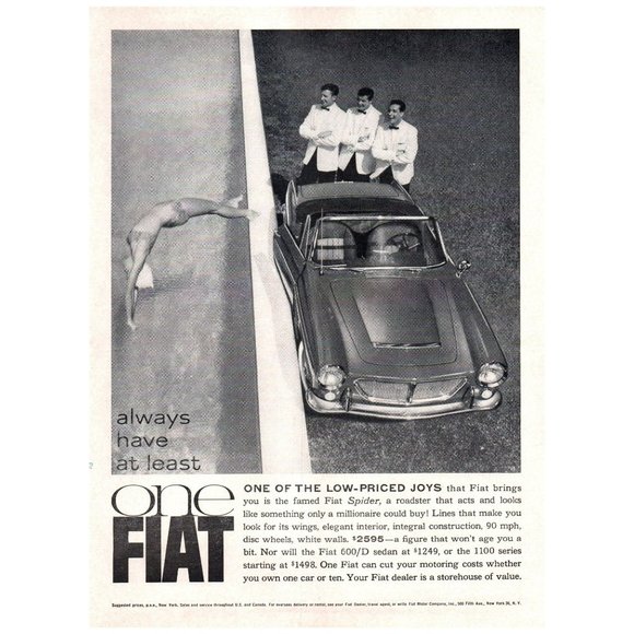 1963 Fiat Spider Roadster Convertible Vintage Print Ad Girl Diving Bikini Tuxedo - Picture 1 of 1